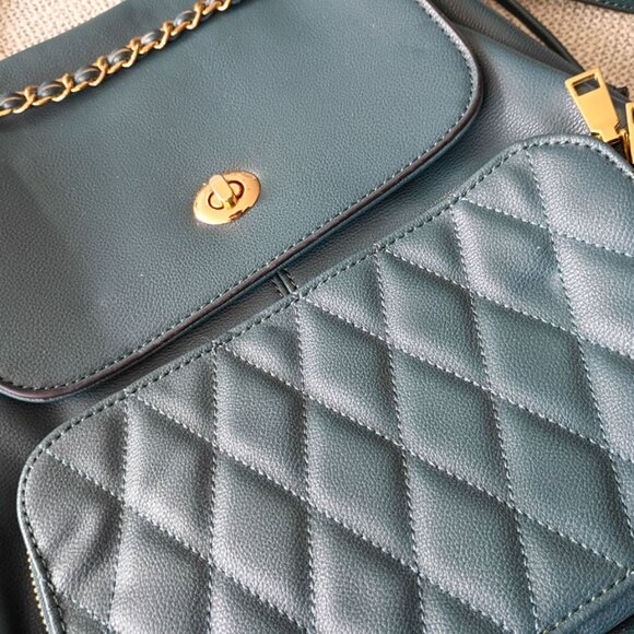 Quilted Faux Leather Backpack Purse Cypress green - Chain Strap, front pocket - Picture 2 of 6